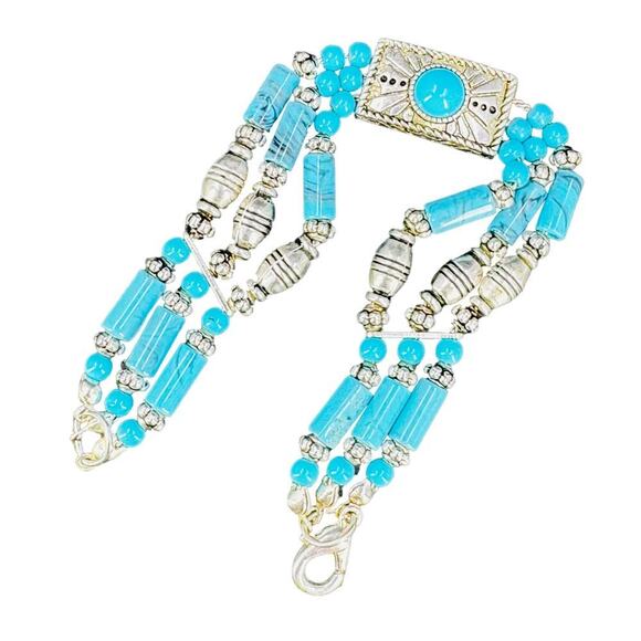 Premier Designs Bracelet Three Strands Blue Multi-Shape Beads Silver Plated 7.5" - Picture 6 of 13